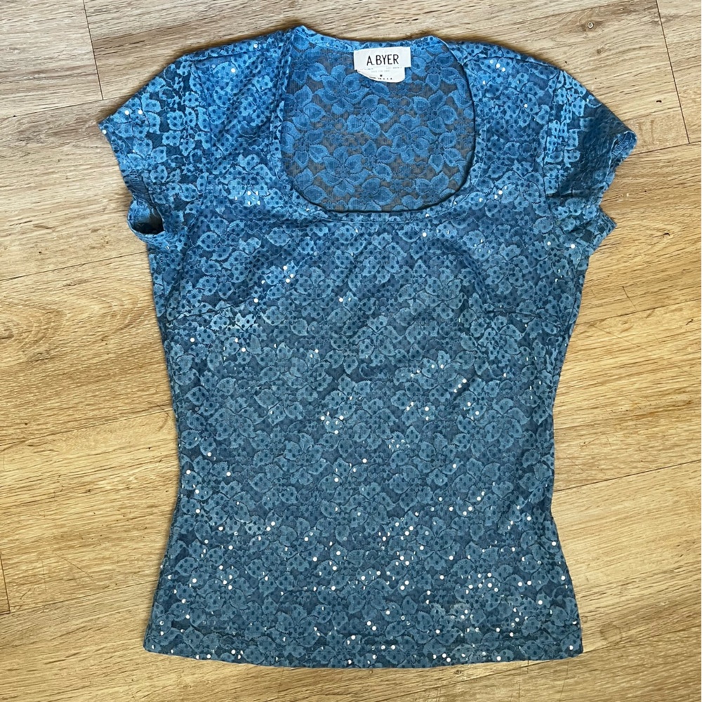 Vintage 90s Y2K Sequin Square Neck Lace Top